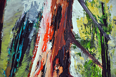 Detail: Red Trunks. 48" x 36", Oil on Wood, © 2016 Cedar Lee
