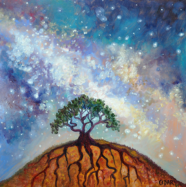 Lone Tree and Milky Way. 16″ x 16″, Oil on Wood, © Cedar Lee 2013
