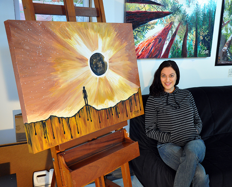 Artist with her work: A Dream of Joy and Sorrow. 30" x 40", Oil on Canvas, © 2016 Cedar Lee (Background: Oxygen. 30" x 40", Oil on Wood)