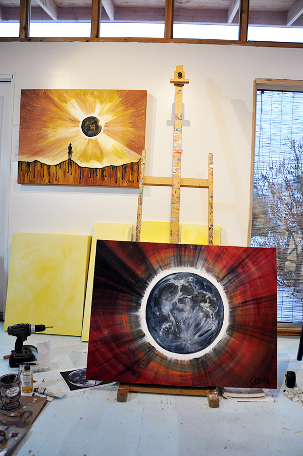 Eclipse paintings in Cedar Lee studio. Top: A Dream of Joy and Sorrow, © 2016 Bottom: The Big Eclipse, © 2017