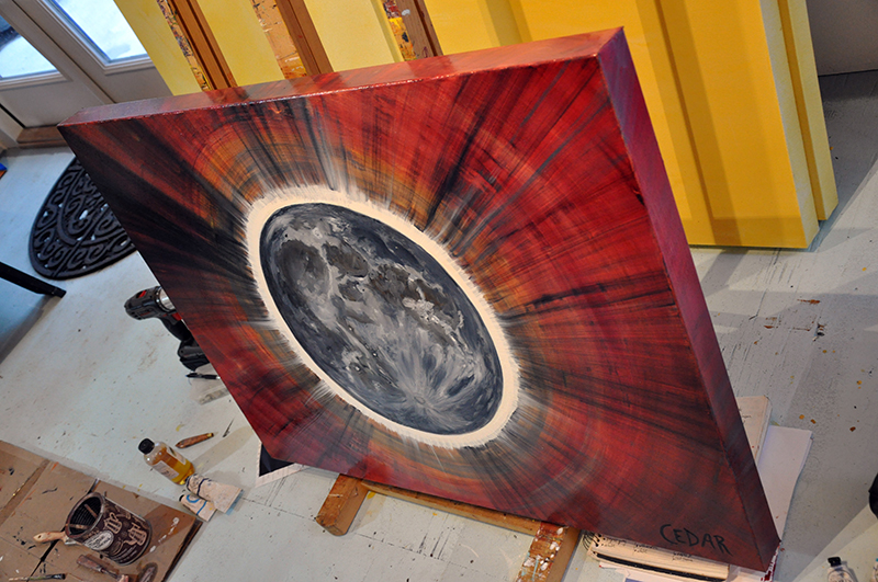 Painting on easel: The Big Eclipse. 30" x 40", Oil on Canvas, © 2017 Cedar Lee