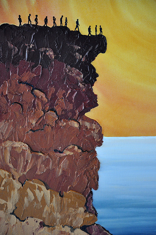 Close-up detail: Thick texture of painted rocks and small silhouettes of people on the cliff