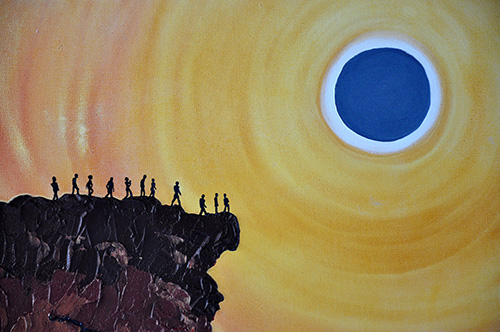 Close-up detail of Sea Cliff Eclipse painting: Small silhouettes of people on a cliff watching the solar eclipse