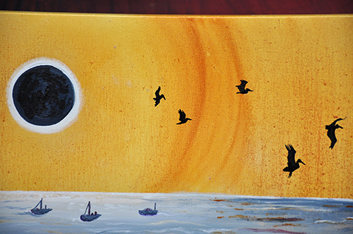 Detail: Eclipse With Pelicans. 12″ x 36″, Oil on Canvas, © 2017 Cedar Lee