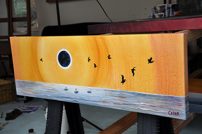 Eclipse With Pelicans. 12″ x 36″, Oil on Canvas, © 2017 Cedar Lee