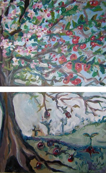 Life Cycle of the Apple Tree. 28" x 18" (Each panel is 14" x 18"), Acrylic on Canvas, © 2005 Cedar Lee