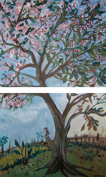 Life Cycle of the Cherry Tree. 32" x 20" (Each panel is 16" x 20"), Acrylic on Canvas, © 2005 Cedar Lee