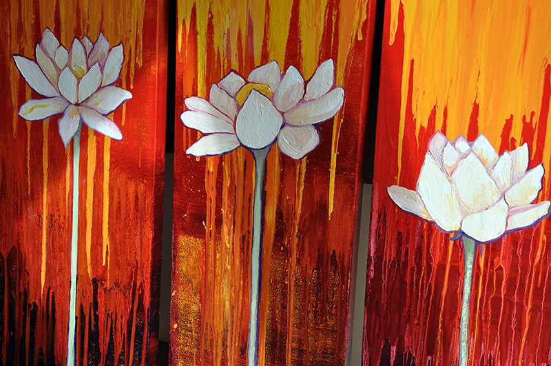 Cedar Lee Lotus paintings: left-right: "Stand Tall," "Free Spirit," "Easy Growth"