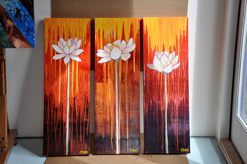 Cedar Lee Lotus paintings: left-right: "Stand Tall," "Free Spirit," "Easy Growth"
