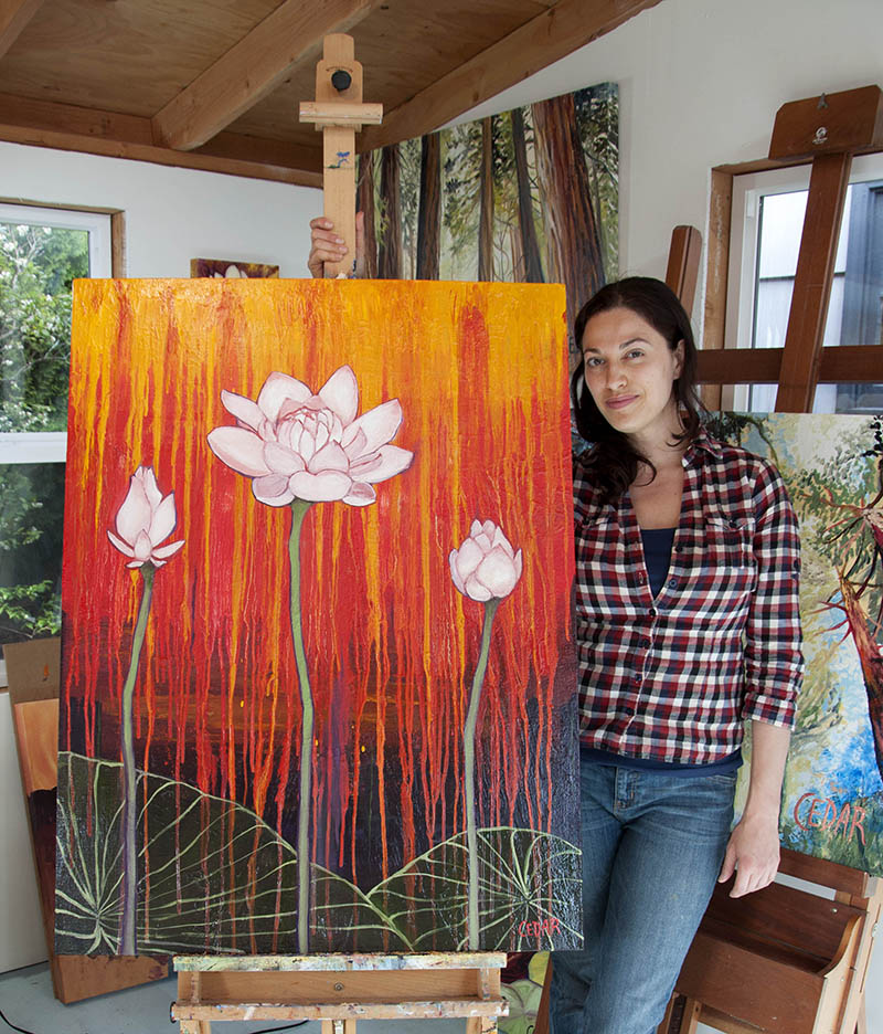 Artist Cedar Lee with painting: Courage Blooms. 40" x 30", Oil on Canvas, © 2017 Cedar Lee