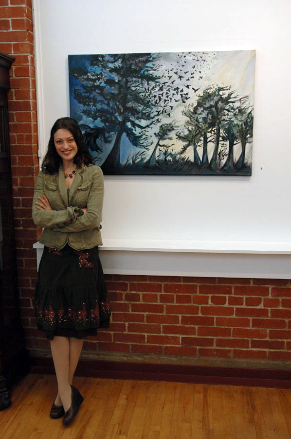 Cedar Lee with her painting: Approaching Storm. 30" x 46", Acrylic on Canvas, © 2005 Cedar Lee