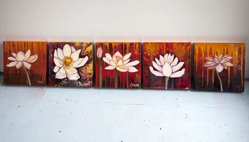 10" x 10" Oil & Resin Lotus Paintings on Wood, © 2017 Cedar Lee