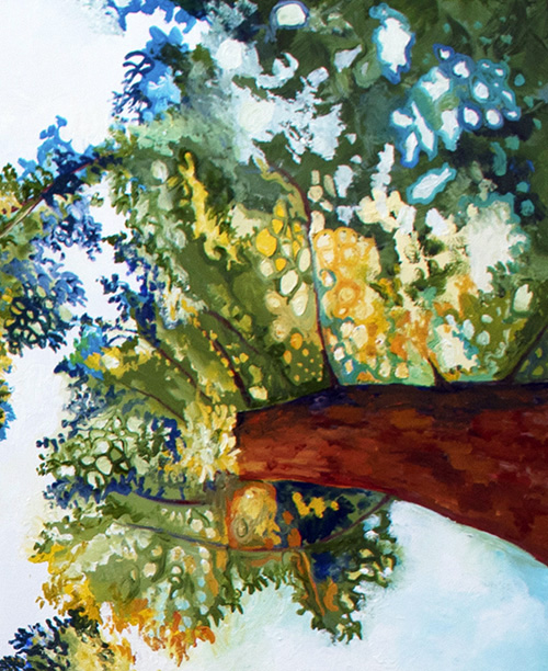 Detail: Sun-Dappled Sequoias. 48" x 48", Oil on Wood, © 2017 Cedar Lee