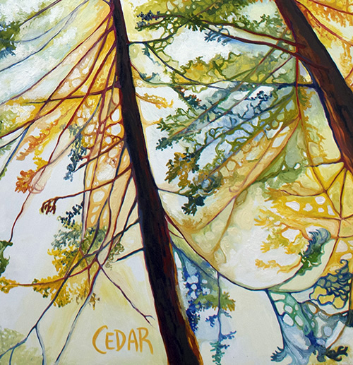 Detail: Sun-Dappled Sequoias. 48" x 48", Oil on Wood, © 2017 Cedar Lee