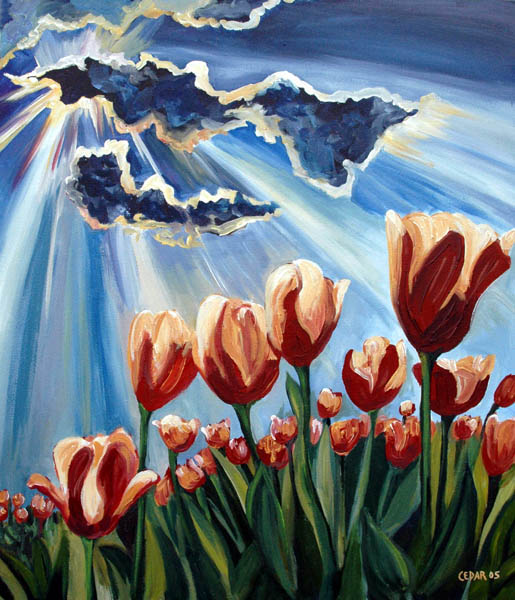 Tulips in the Morning. 30" x 26", Acrylic on Canvas, © 2005 Cedar Lee