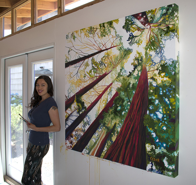 Artist Cedar Lee in the studio with painting: Kaleidoscopic Forest. 48" x 48", Oil on Wood, © 2017 Cedar Lee