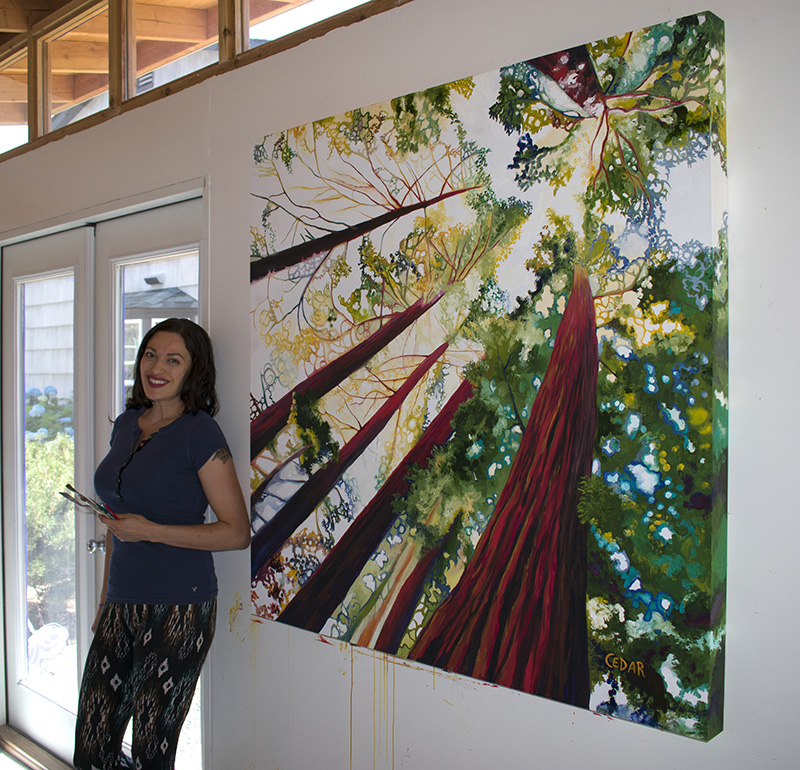 Artist Cedar Lee in the studio with painting: Kaleidoscopic Forest. 48" x 48", Oil on Wood, © 2017 Cedar Lee 