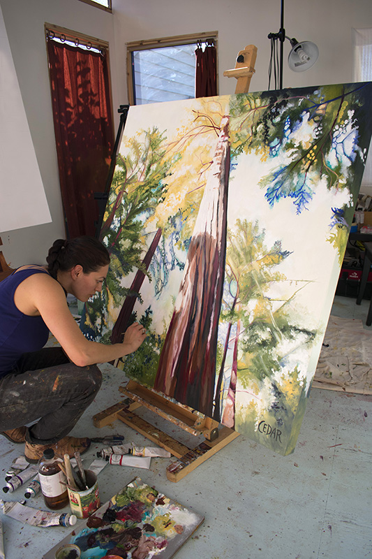 Cedar Lee artist working in the studio. Painting: Suffused With Light. 48" x 48", Oil on Wood, © 2017 Cedar Lee