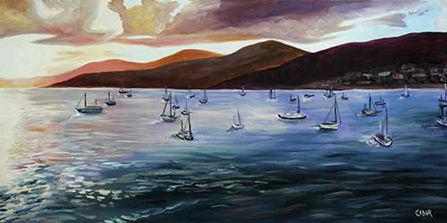 sailboats at sunset