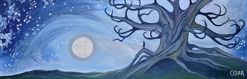 Past work: "Moon Watcher." 12" x 36", © Cedar Lee. SOLD