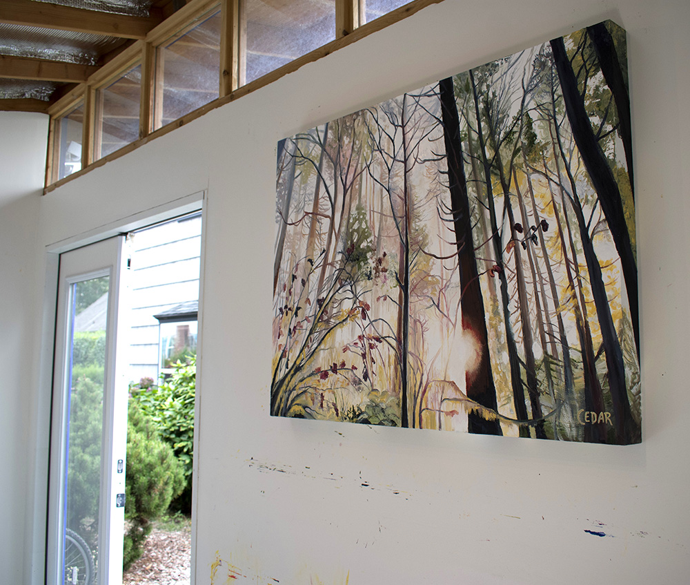 Painting in Cedar Lee art studio: Wild Wood. 30" x 40", Oil on Wood, © 2018 Cedar Lee