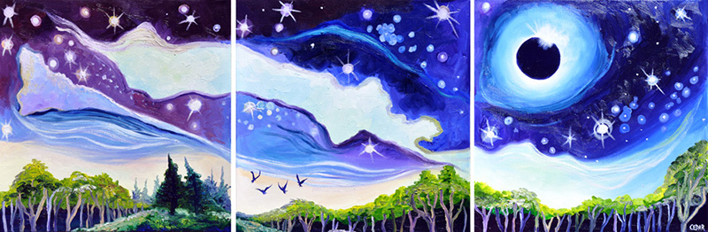Past work: "Sapphire Eclipse." 3 panels, 20" x 60", © Cedar Lee. SOLD