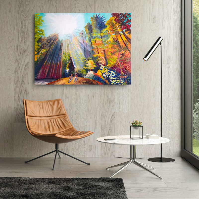 Friday in the Rainbow Forest painting by Cedar Lee: colorful sun and trees art