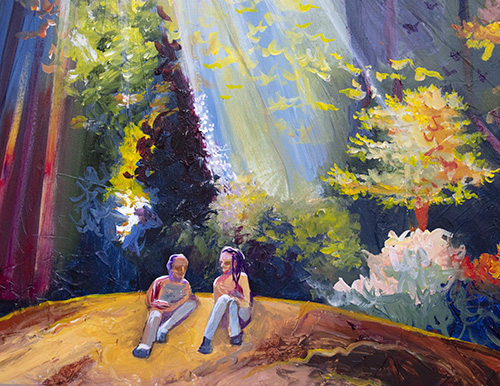 Close-up detail of people sitting on a rock in colorful painting