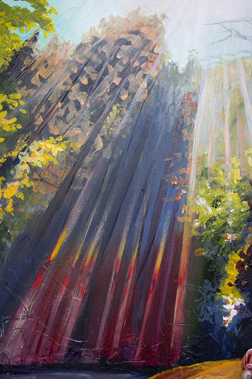 Close-up detail: Friday in the Rainbow Forest. 30" x 40", Acrylic on Canvas, © 2019 Cedar Lee