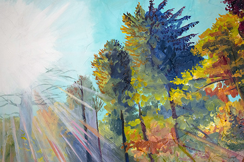 Close-up detail of Cedar Lee painting: Sun shining down on trees