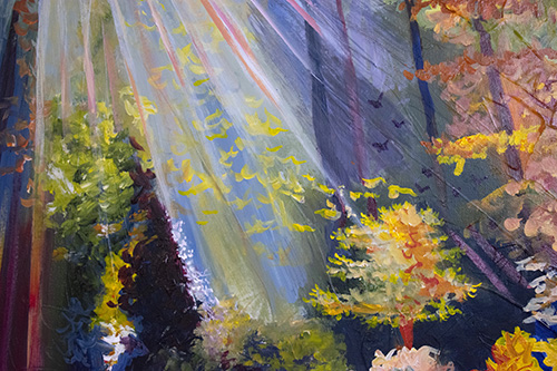 Close-up detail of Cedar Lee painting: Sun shining down on trees