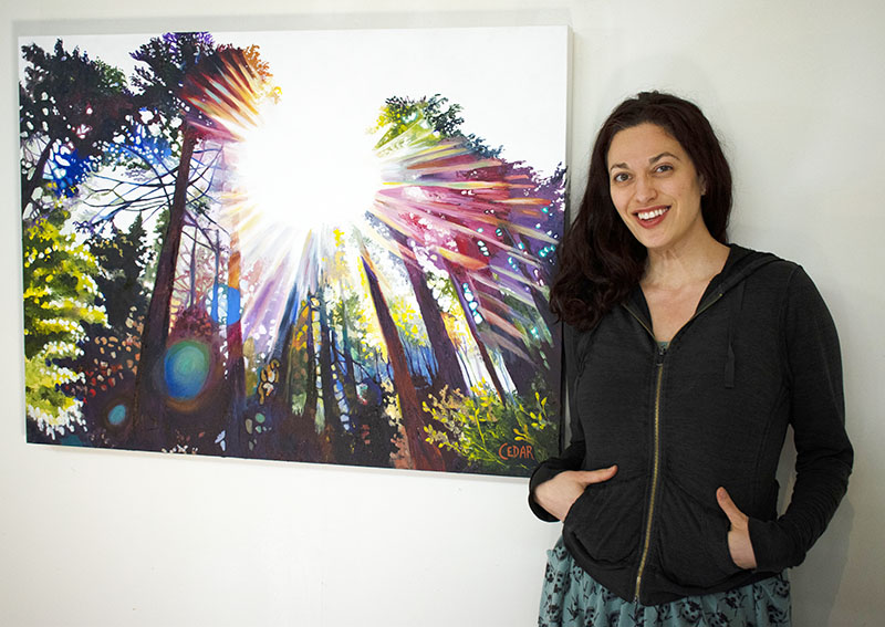 Artist Cedar Lee with her painting: Sunshine Wishes. 30" x 40", Acrylic on Canvas, © 2019 Cedar Lee