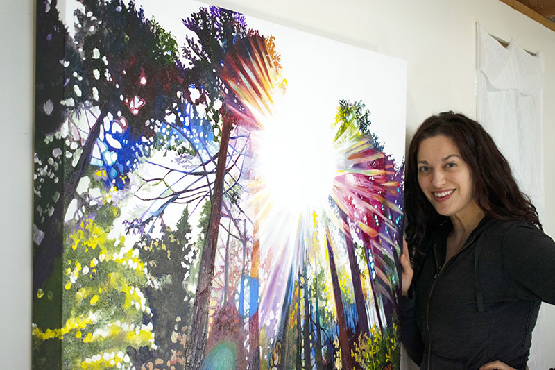 Artist Cedar Lee with her painting: Sunshine Wishes. 30" x 40", Acrylic on Canvas, © 2019 Cedar Lee