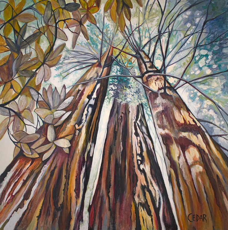Mighty Triad four-foot redwood painting by Cedar Lee