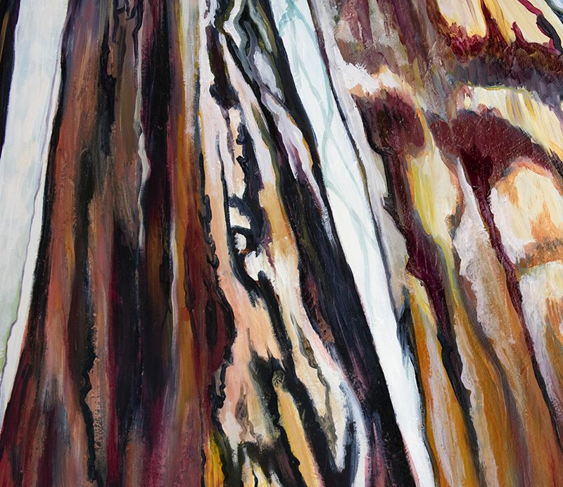 Close-up detail of blue and bronze redwood forest painting by Cedar Lee