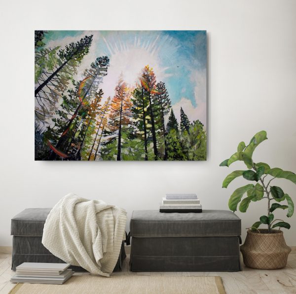 Large scale painting by Cedar Lee of trees in sky