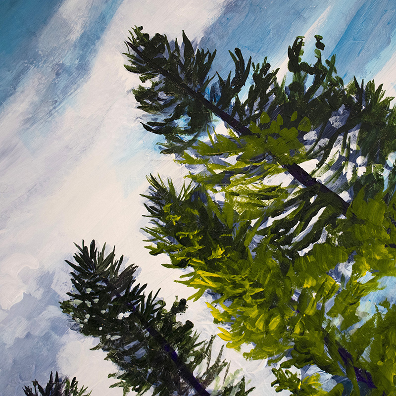 Closeup detail of painting by Cedar Lee. Clouds floating in a blue sky over evergreen trees.