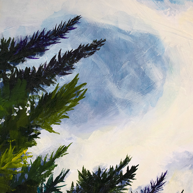 Closeup detail of painting by Cedar Lee of clouds floating in a blue sky over evergreen trees.