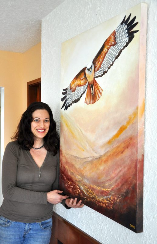 Artist with art. Soaring. 40" x 30", Oil on Canvas, © 2012 Cedar Lee