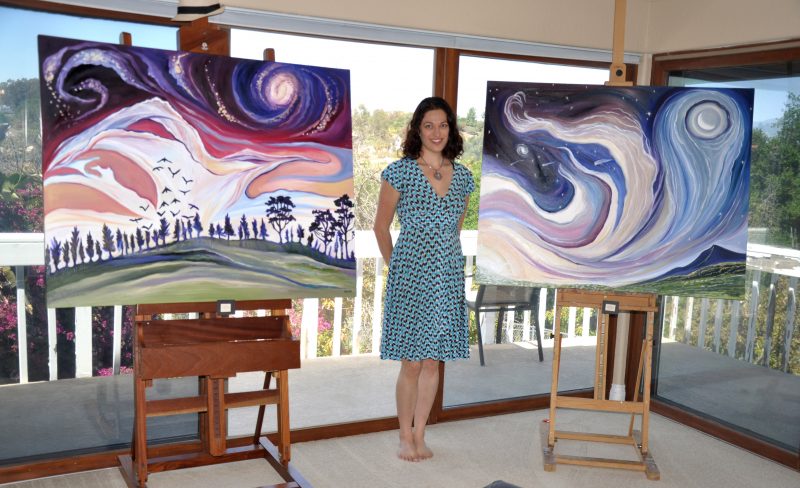 Artist with art.Left: Ascension. 40" x 50", Oil on Canvas, ©2010 Cedar Lee
Right: Cosmic Dance III 40" x 50", Oil on Canvas, ©2010 Cedar Lee