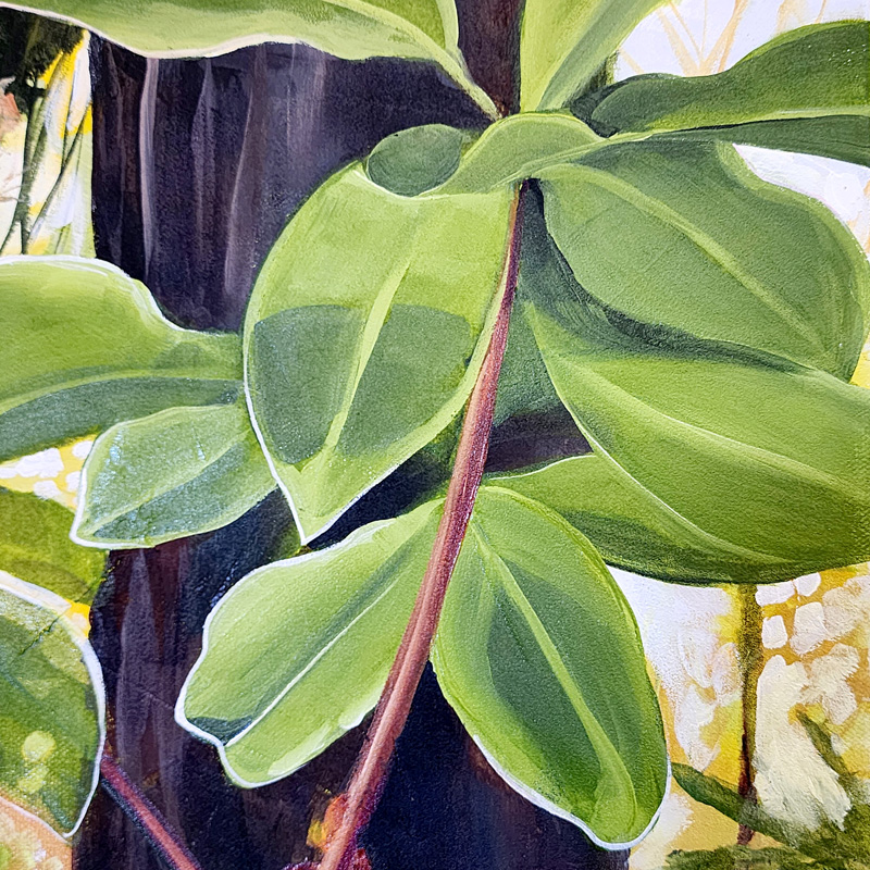 Close-up detail of painting by Cedar Lee: Rainbow Rhododendron