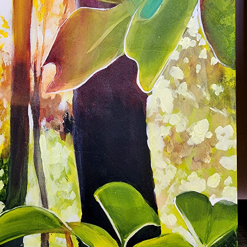 Close-up detail of painting by Cedar Lee: Rainbow Rhododendron