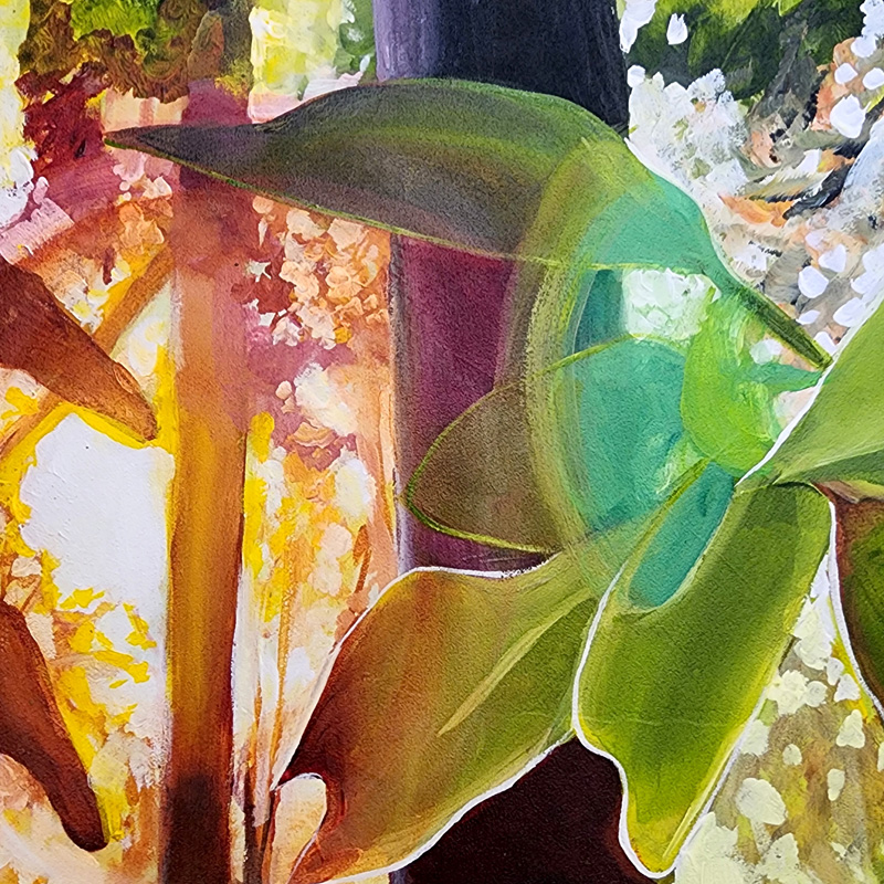 Close-up detail of painting by Cedar Lee: Rainbow Rhododendron