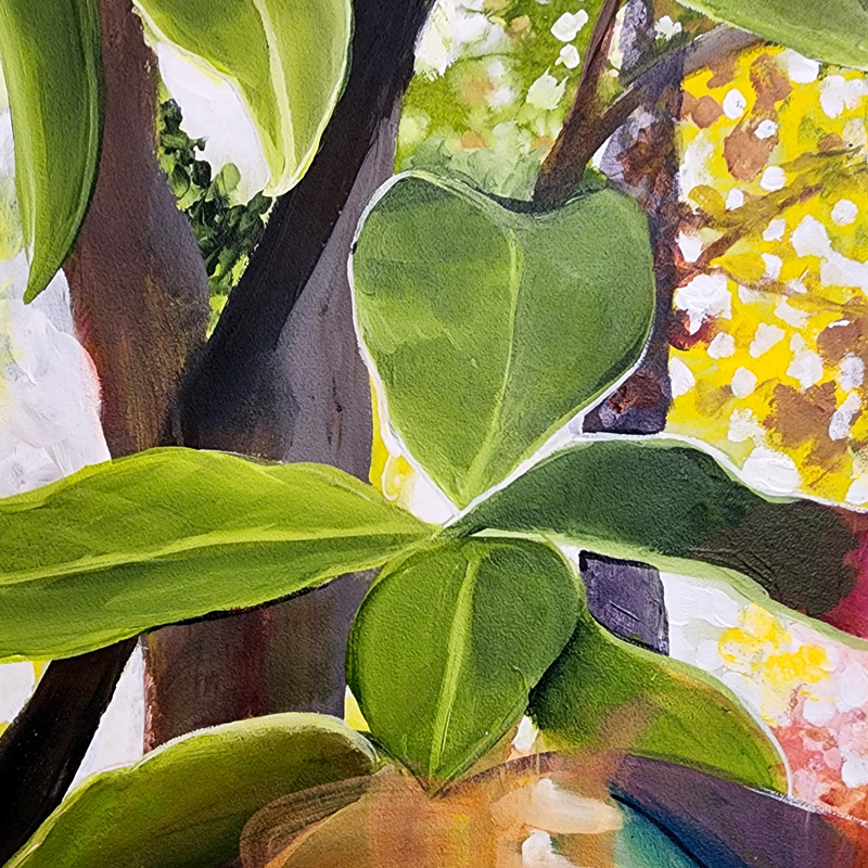 Close-up detail of painting by Cedar Lee: Rainbow Rhododendron