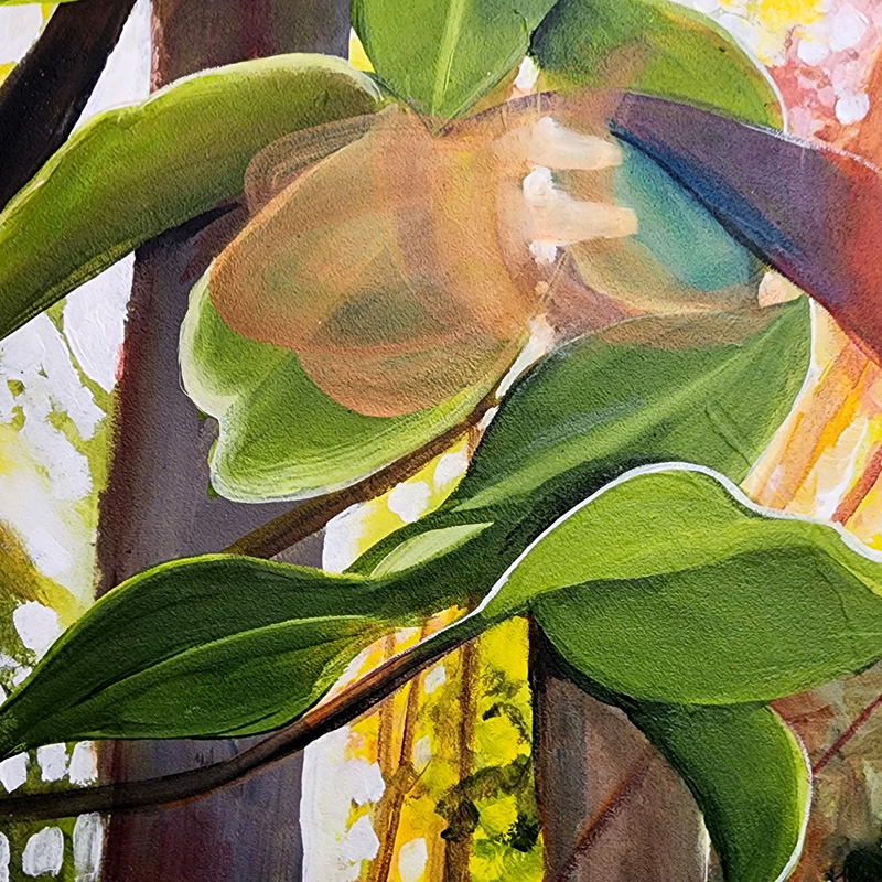 Close-up detail of painting by Cedar Lee: Rainbow Rhododendron