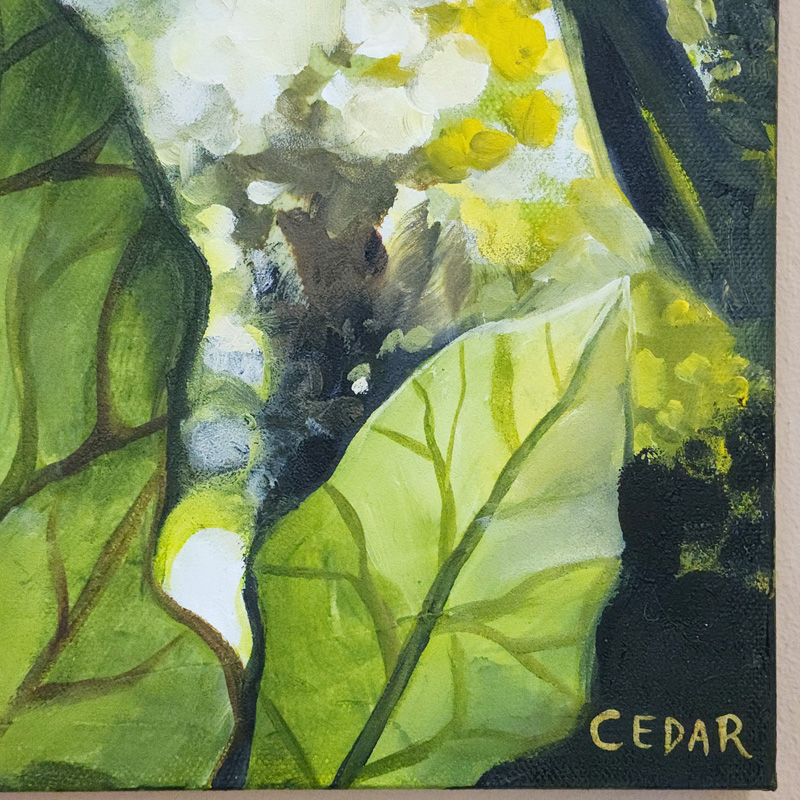 Close-up detail of painting by Cedar Lee: Sun Through Leaf
