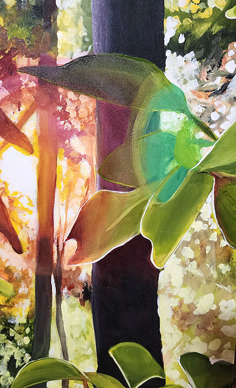 Close-up detail from Cedar Lee painting "Rainbow Rhododendron." Shows the sun shining through the forest, painted in many colors.