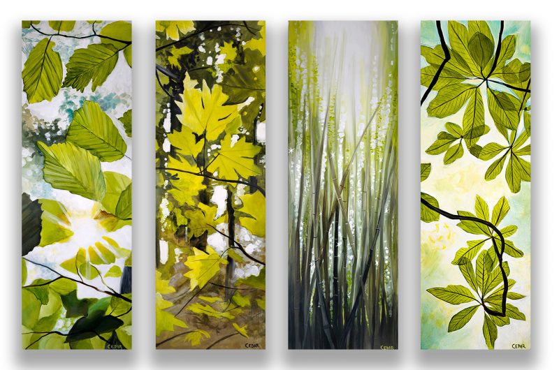 Four tall narrow paintings of green leaves by Cedar Lee