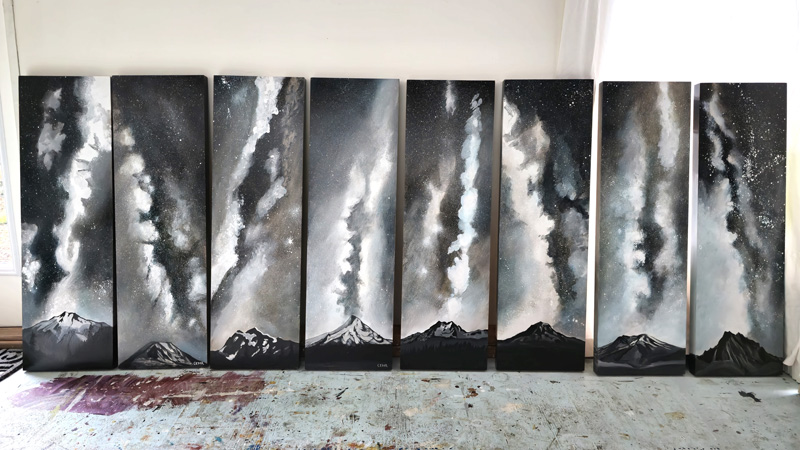 8 paintings by Cedar Lee of the Milky Way galaxy over Pacific Northwest mountain peaks