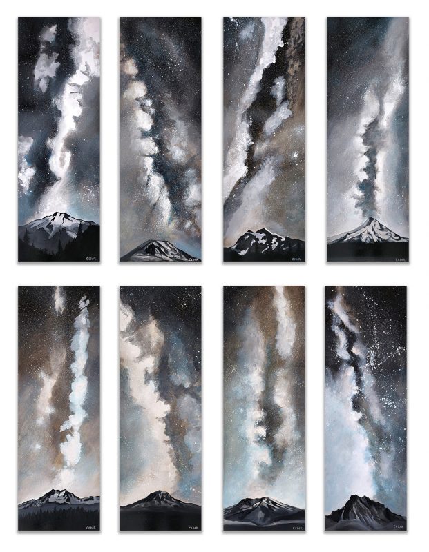 8 Milky Way mountain paintings by Cedar Lee featuring Pacific Northwest mountain peaks